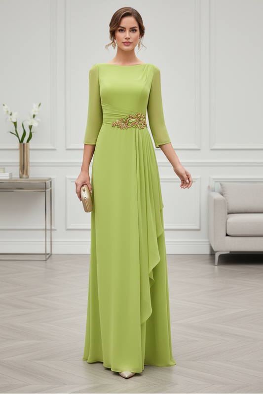 Beaded Waist Pleated Chiffon Evening Gown