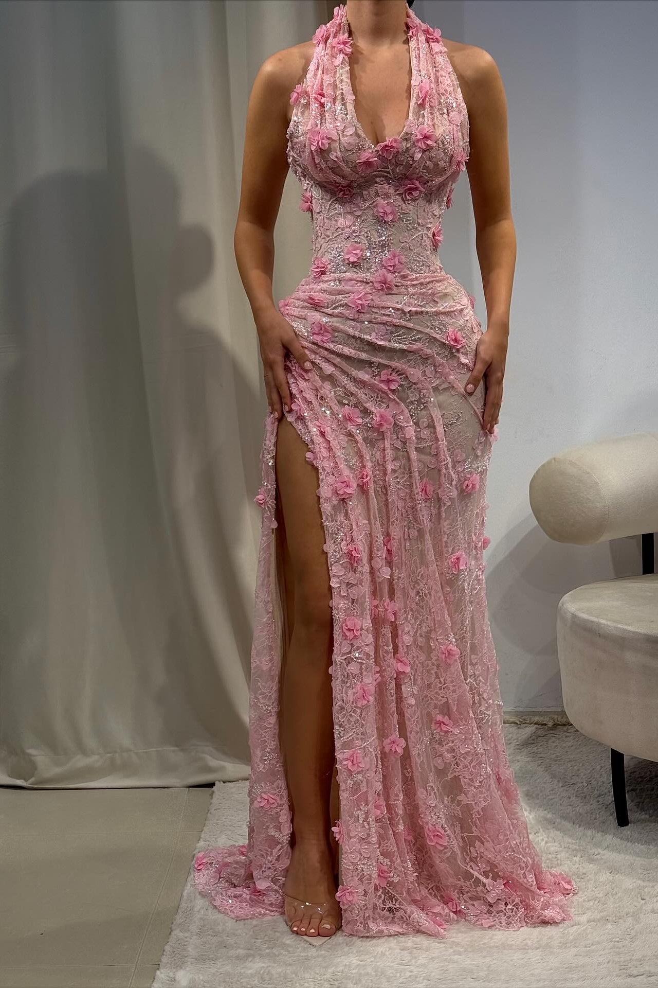 Halter 3D Floral Lace Gown with High Slit