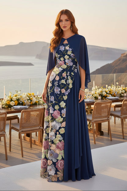Floral Embroidered Capelet A-Line Gown