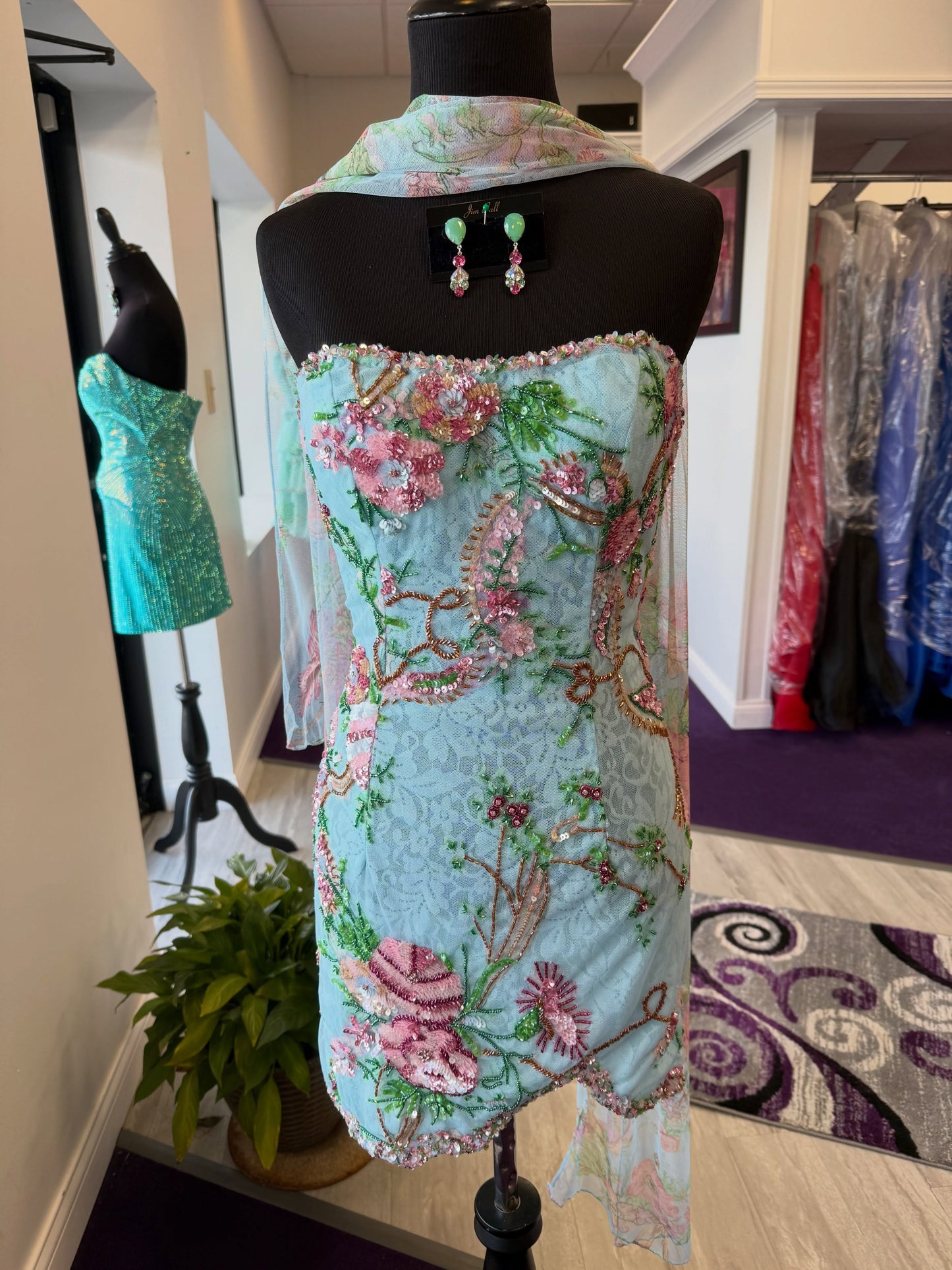Embroidered Strapless Mini Dress with Shawl