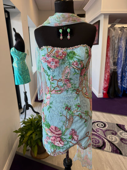 Embroidered Strapless Mini Dress with Shawl