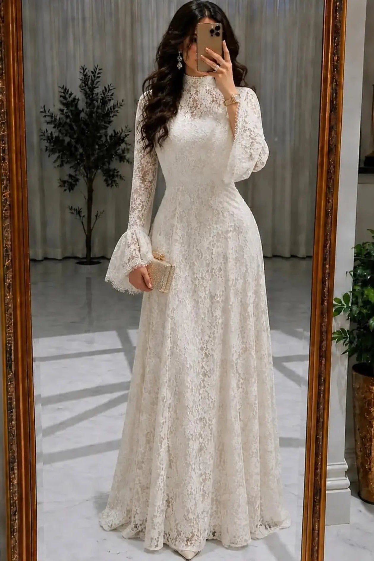 High Neck Lace Maxi Dress with Bell Sleeves