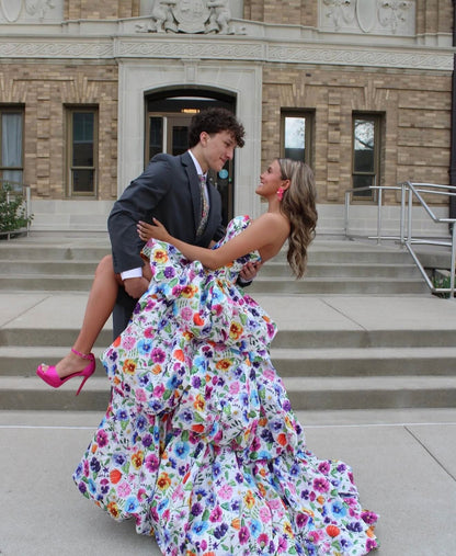 Strapless Floral Print High-Low Ball Gown