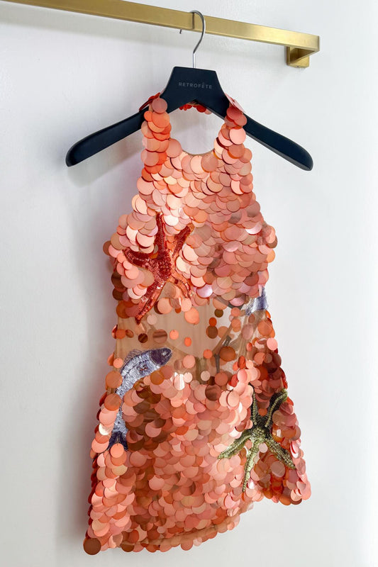 Sequin Halter Mini Dress with Starfish Appliques