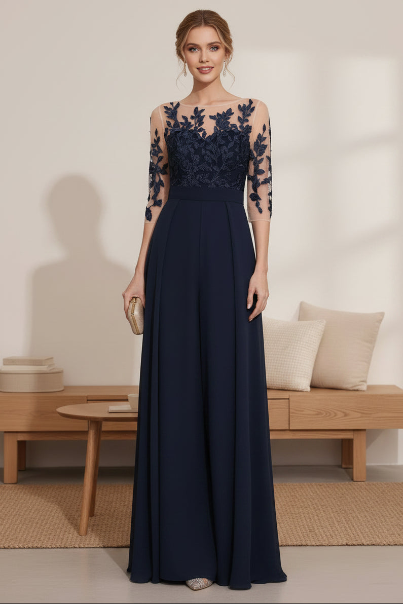 Navy Blue Illusion Bodice Chiffon A-Line Mother of the Bride Dress with Lace Appliques