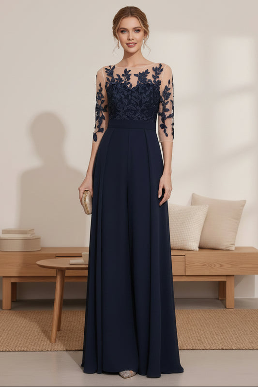 Navy Blue Illusion Bodice Chiffon A-Line Mother of the Bride Dress with Lace Appliques
