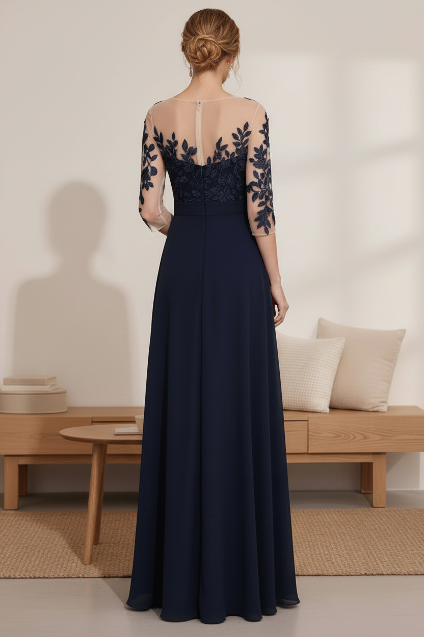 Navy Blue Illusion Bodice Chiffon A-Line Mother of the Bride Dress with Lace Appliques