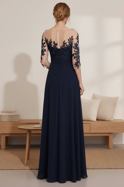 Navy Blue Illusion Bodice Chiffon A-Line Mother of the Bride Dress with Lace Appliques