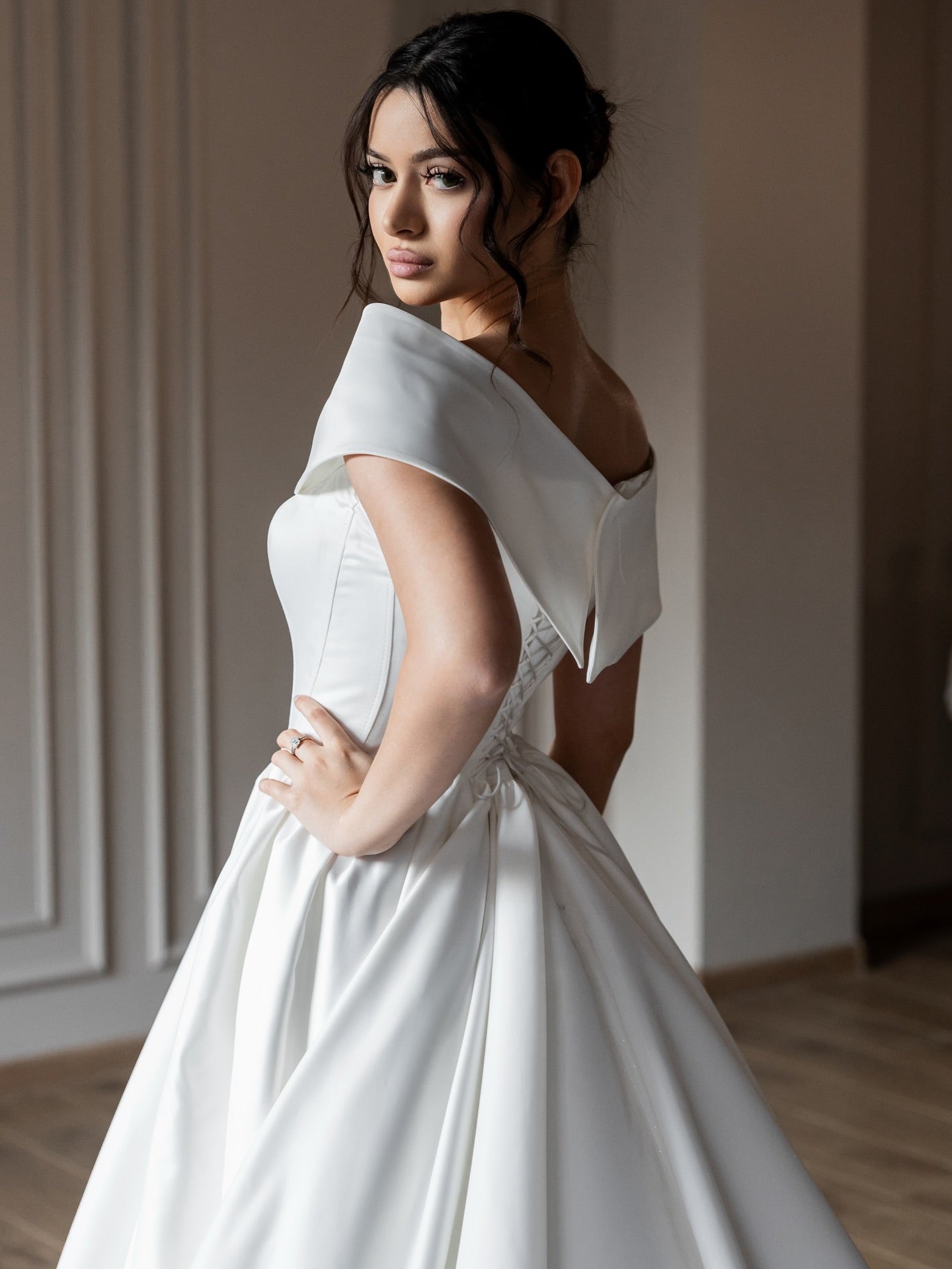 Off-the-Shoulder Satin Ball Gown Wedding Dress