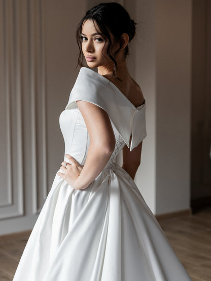 Off-the-Shoulder Satin Ball Gown Wedding Dress