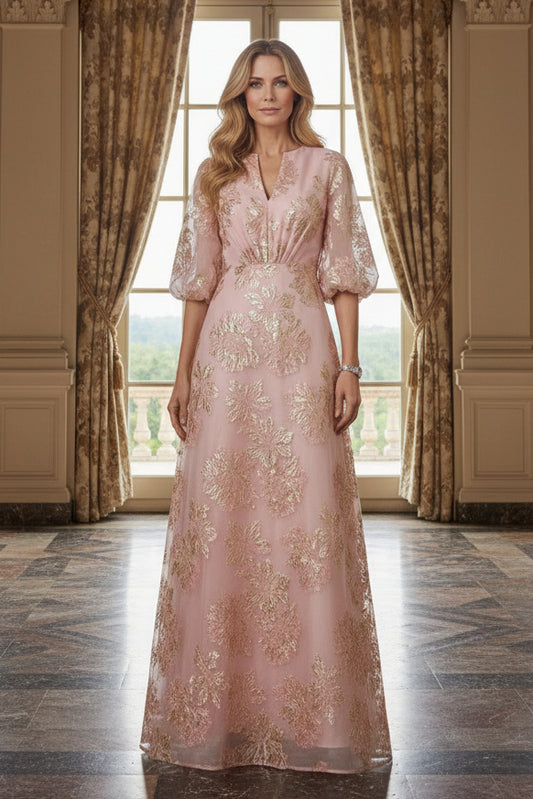 Metallic Floral Brocade A-Line Gown