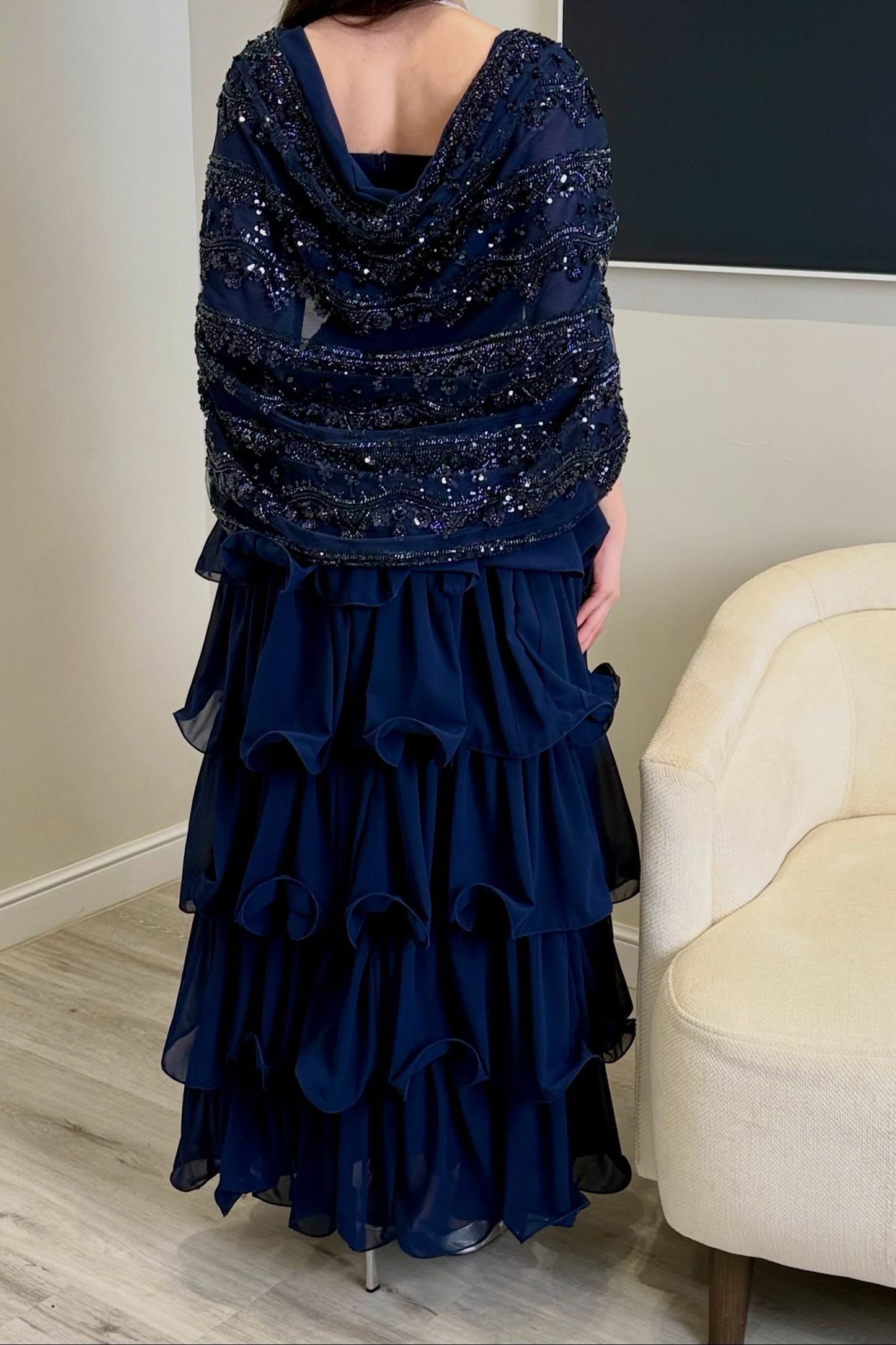 Tiered Ruffle Gown with Beaded Bodice Cape