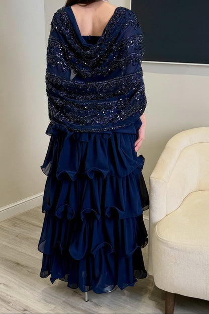 Tiered Ruffle Gown with Beaded Bodice Cape