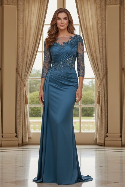 Illusion Lace Sheath Gown with 3/4 Sleeves & Slit