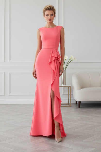 Bateau Neck Sleeveless Crepe Gown with Ruffle Slit