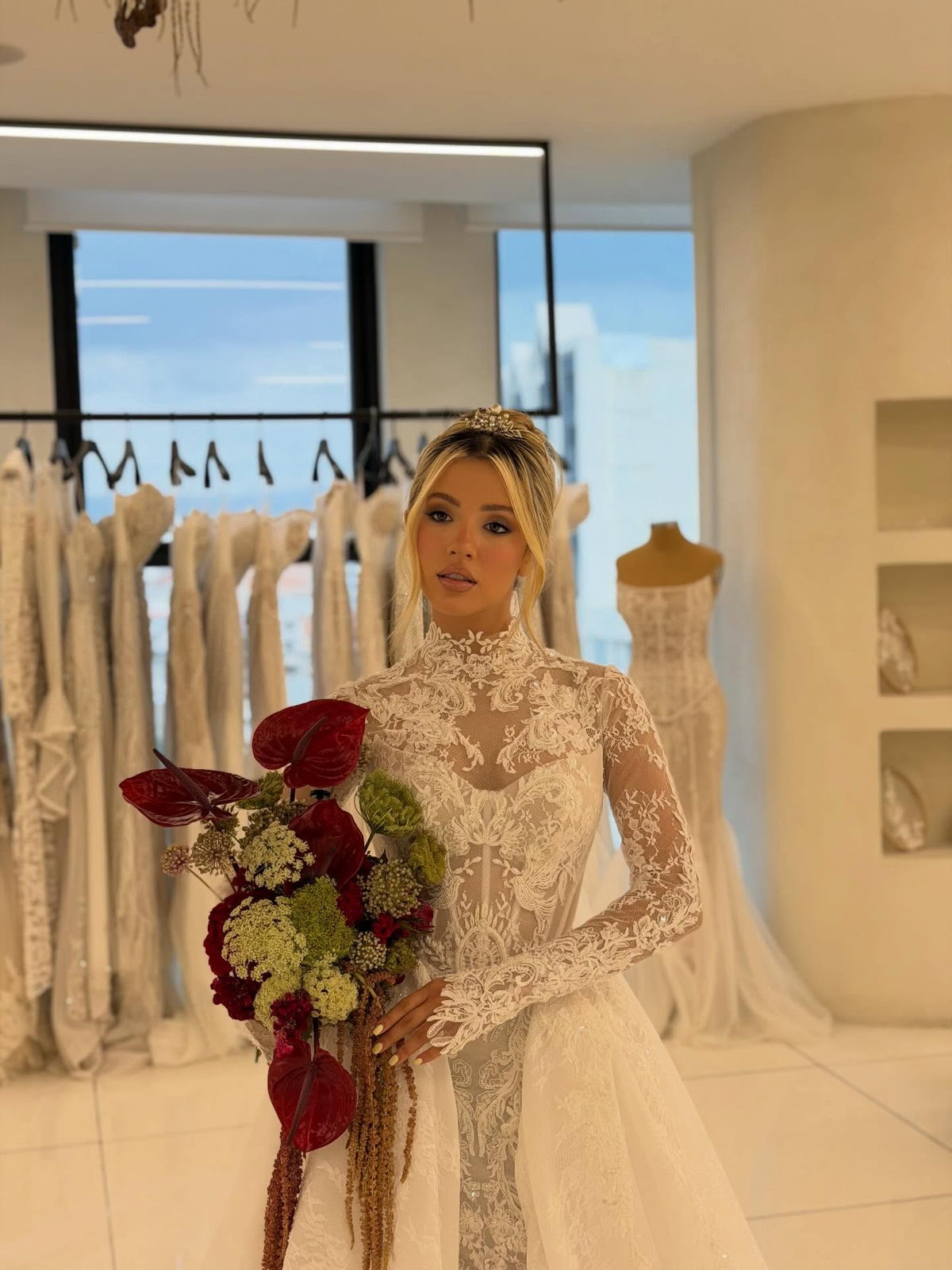 Lace High Neck Wedding Dress with Train