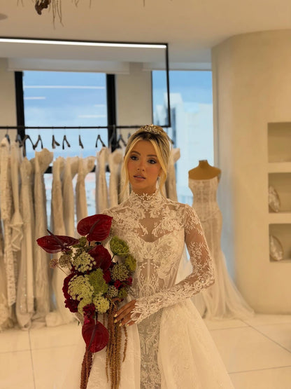 Lace High Neck Wedding Dress with Train