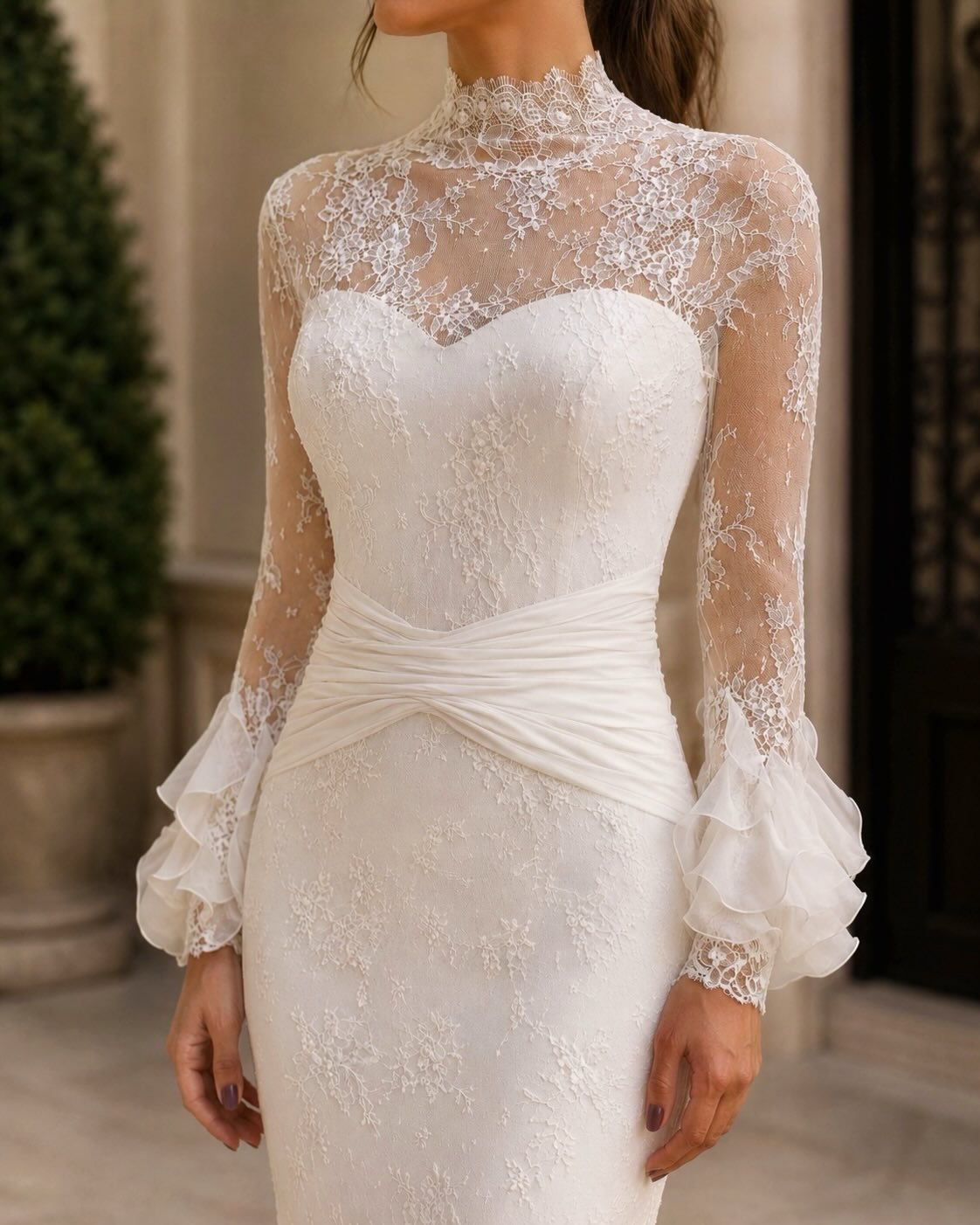 High Neck Lace Trumpet Wedding Dress with Ruffled Sleeves