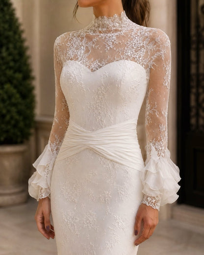 High Neck Lace Trumpet Wedding Dress with Ruffled Sleeves