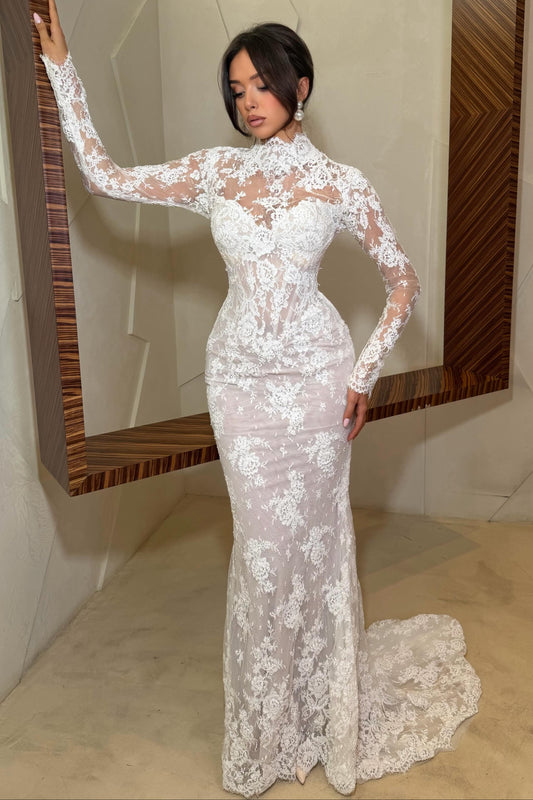 High Neck Long Sleeve Lace Mermaid Wedding Dress