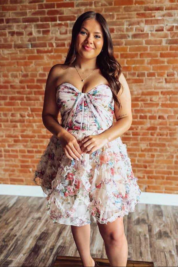 Floral Applique Strapless Ruffled Mini Dress