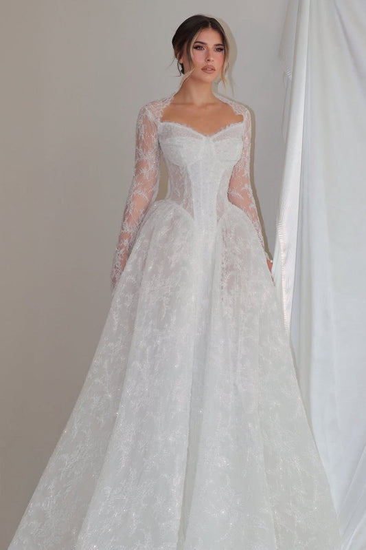 Long Sleeve Corset Lace Ball Gown Wedding Dress