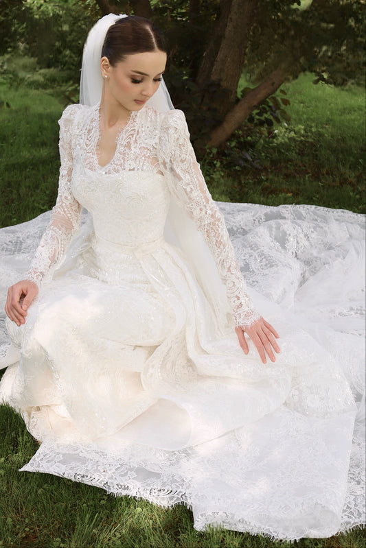 Illusion V-Neck Lace Wedding Dress with Cathedral Train