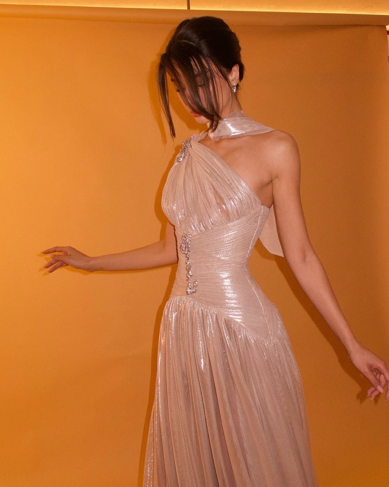 One-Shoulder Pleated Metallic Evening Gown