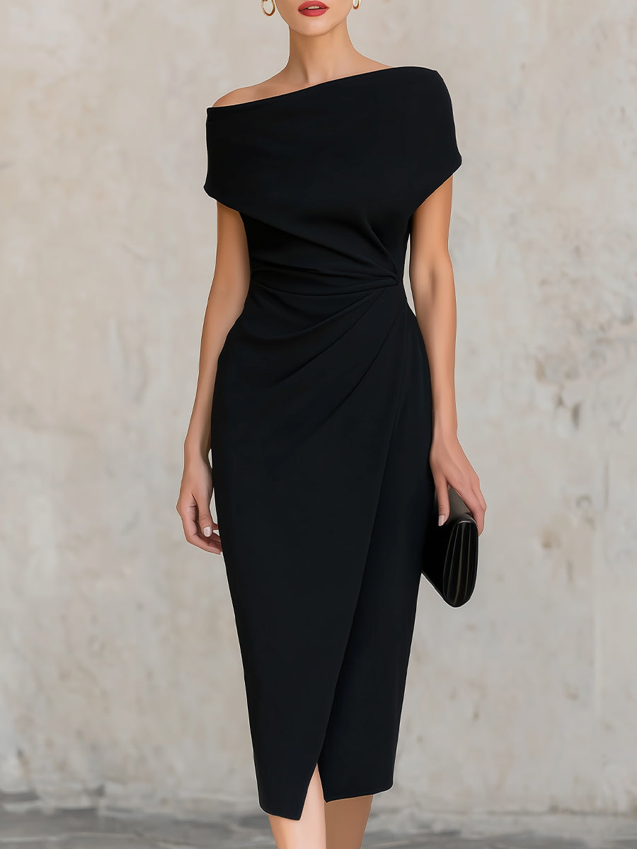 Off-the-Shoulder Draped Midi Sheath Dress