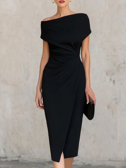 Off-the-Shoulder Draped Midi Sheath Dress