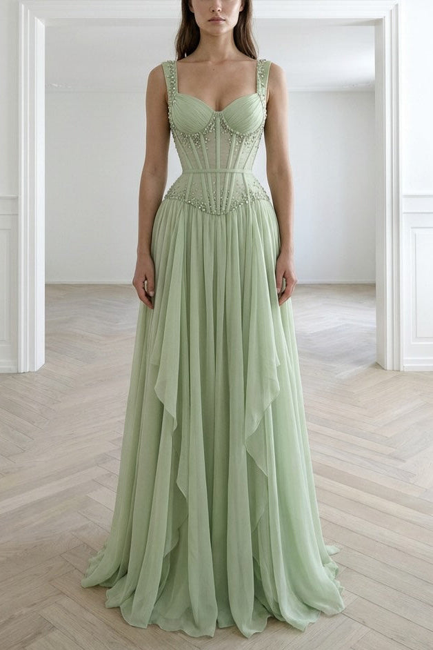 Beaded Corset Chiffon Evening Gown