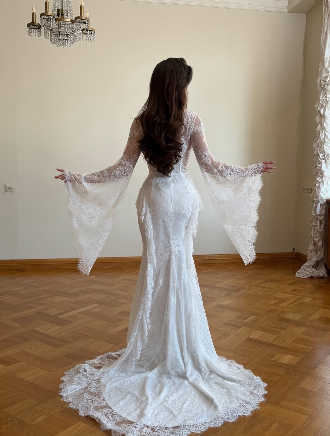 Lace Corset Mermaid Wedding Dress with Bell Sleeves