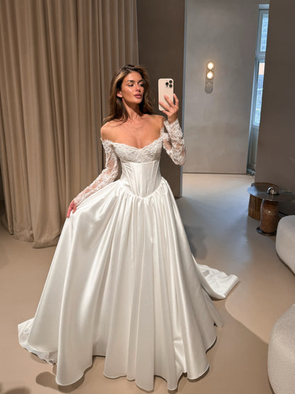 Off-Shoulder Lace Sleeve Corset Satin Ball Gown