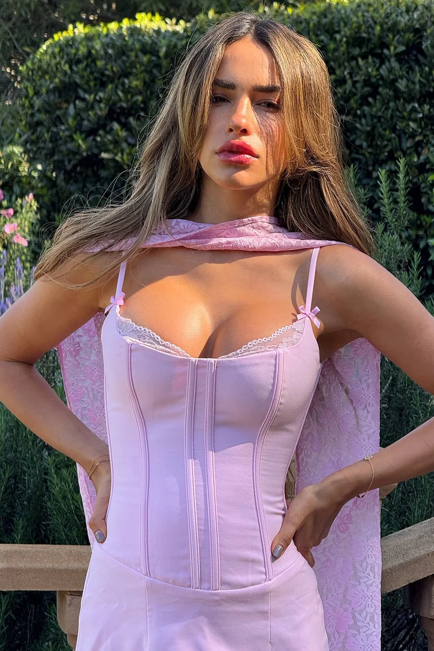 Corset Lace-Trim Mini Dress with Neck Scarf