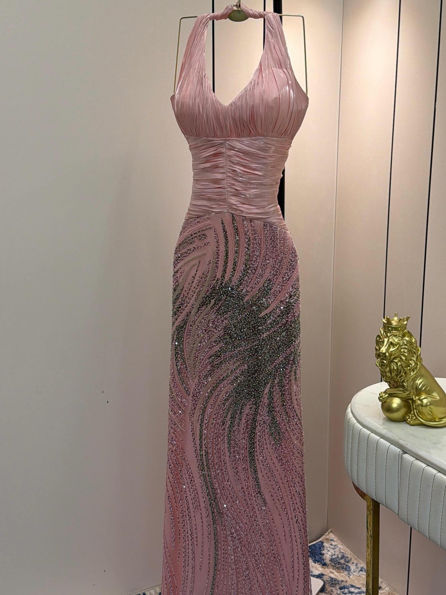 Halter Ruched Bodice Beaded Mermaid Gown