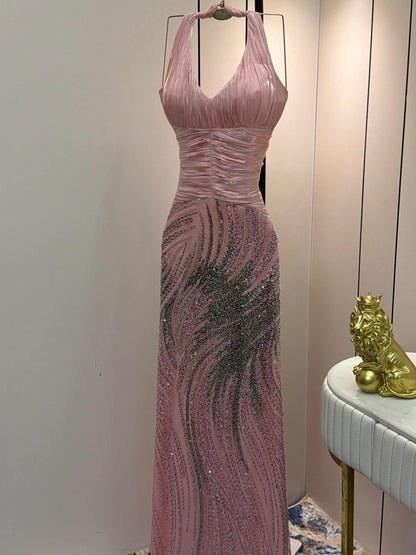 Halter Ruched Bodice Beaded Mermaid Gown