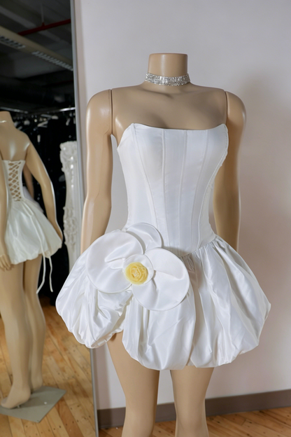 Strapless Corset Bubble Mini Dress with 3D Flower