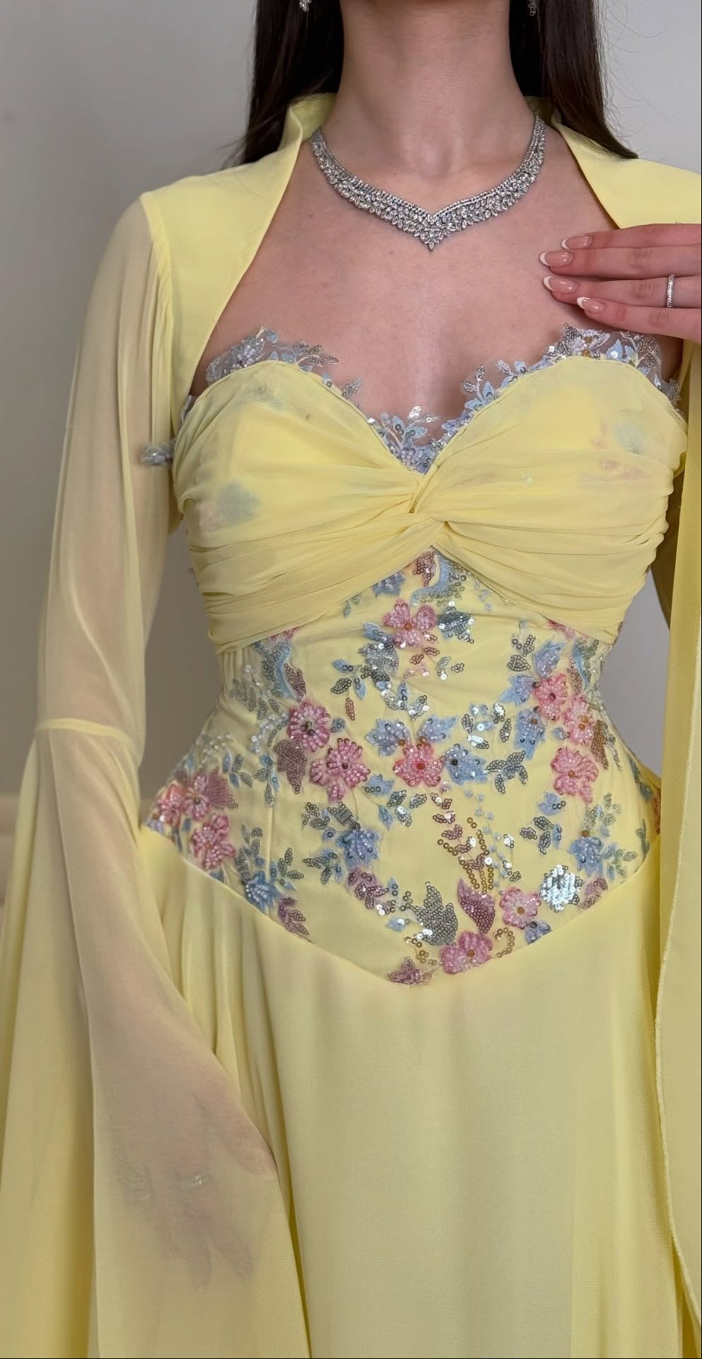 Embroidered Corset Gown with Bell Sleeve Shrug
