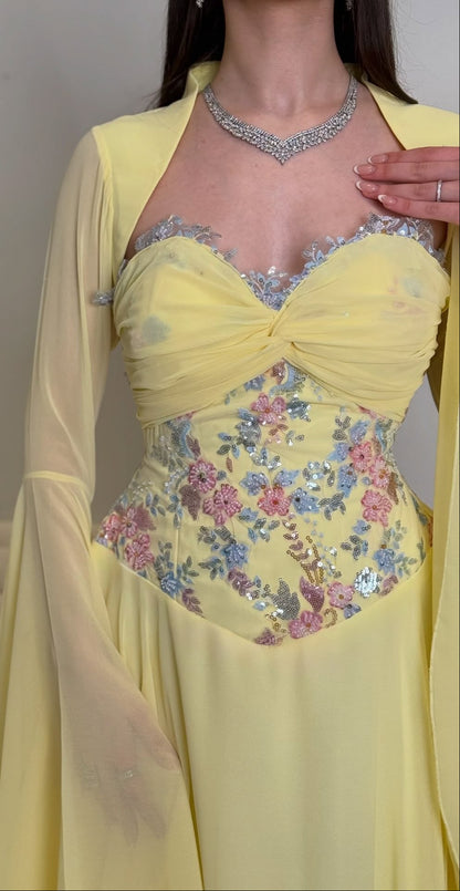 Embroidered Corset Gown with Bell Sleeve Shrug