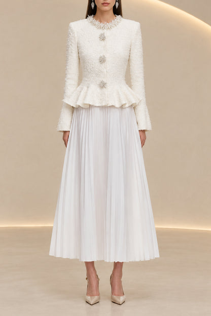 Peplum Tweed Jacket and Pleated Midi Dress