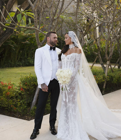 Lace Corset Ball Gown Wedding Dress with Long Sleeves