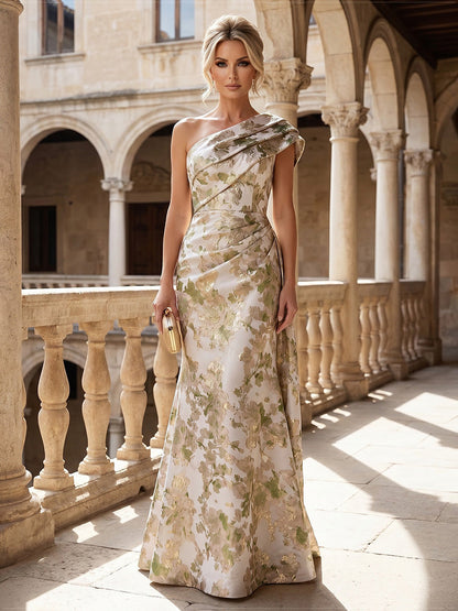 Asymmetrical One-Shoulder Floral Jacquard Gown