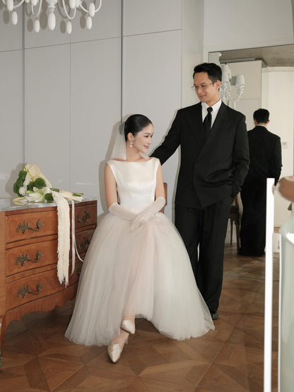 Bateau Neck Satin and Tulle Ball Gown Wedding Dress