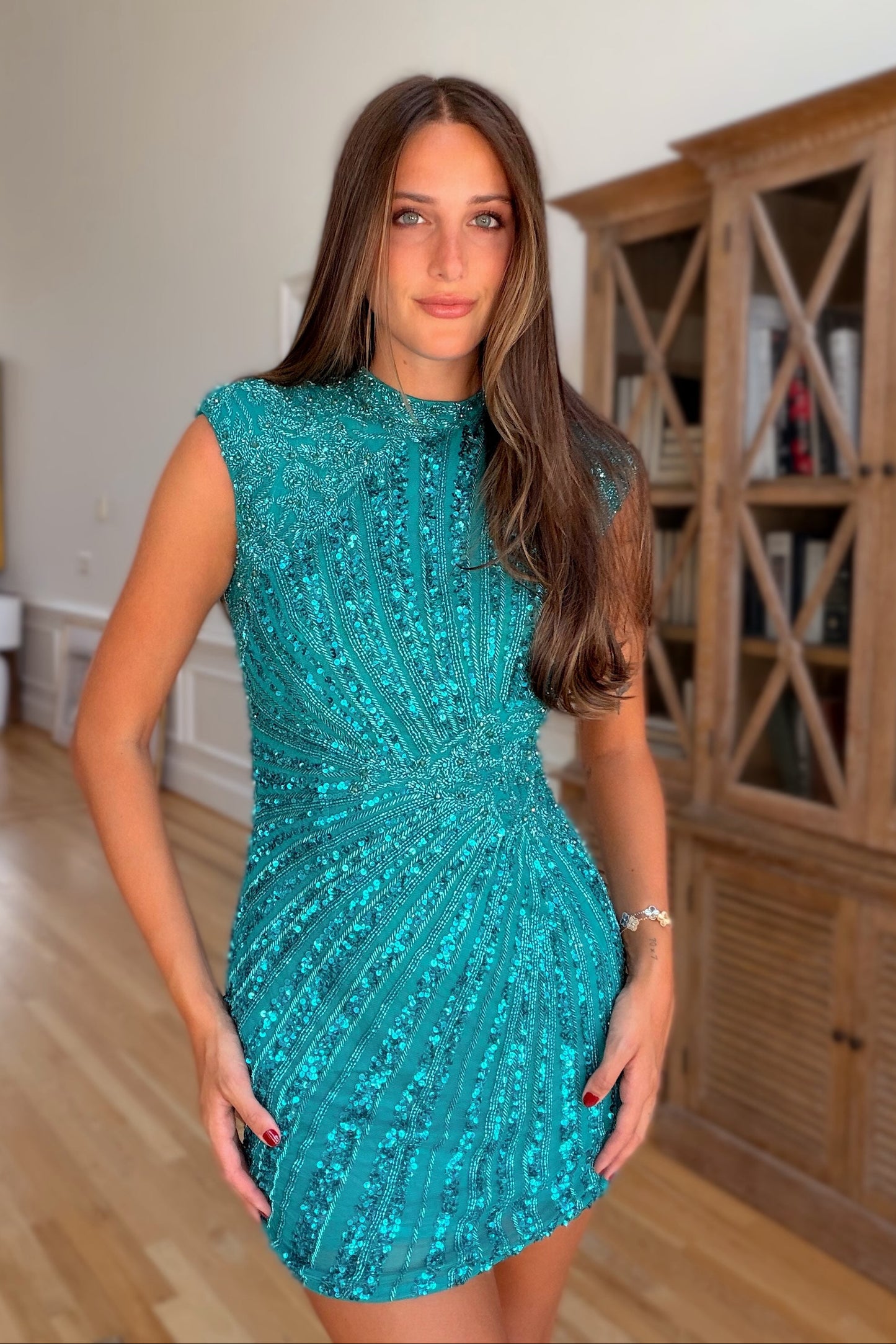 Beaded Sequin Open Back Cap Sleeve Mini Dress