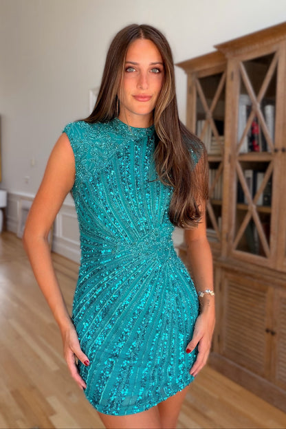 Beaded Sequin Open Back Cap Sleeve Mini Dress
