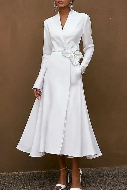 V-Neck Long Sleeve Midi Dress with Floral Waist Detail