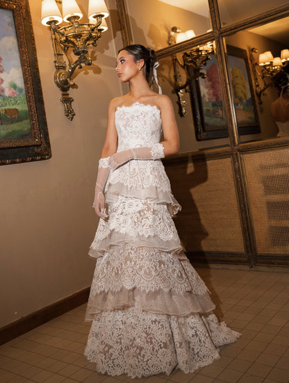 Strapless Tiered Lace Floor-Length Wedding Dress