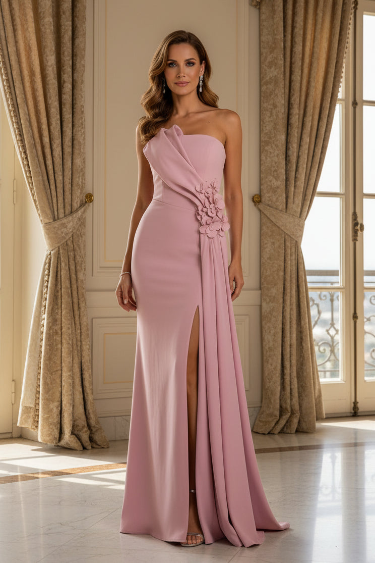 Strapless Slit Gown with 3D Floral Drape Detail