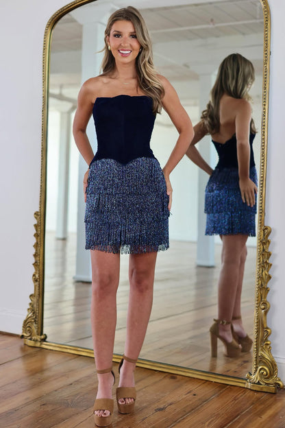 Strapless Velvet Corset Tiered Fringe Mini Dress