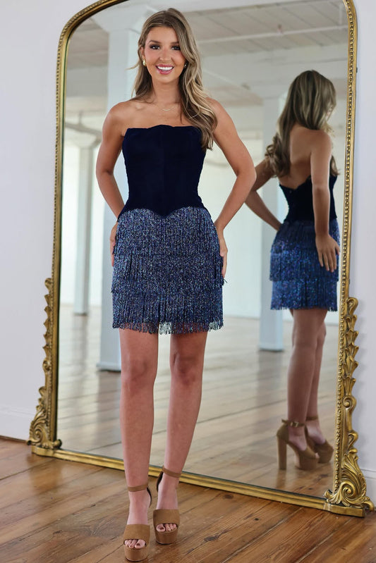 Strapless Velvet Corset Tiered Fringe Mini Dress